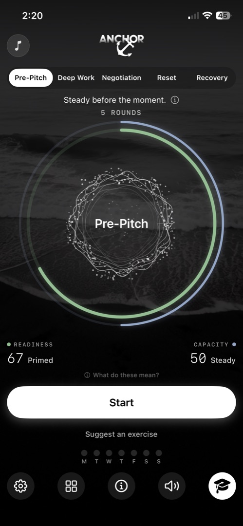 Anchor home screen showing the Pre-Pitch protocol with Readiness 67 (Primed) and Capacity 50 (Steady)