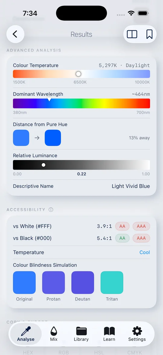 Chromatry accessibility screen showing WCAG contrast ratios against white and black, and a colour-blindness simulation for protanopia, deuteranopia, and tritanopia