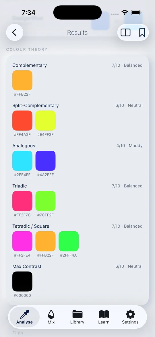 Chromatry colour theory screen listing complementary, split-complementary, analogous, triadic, and tetradic harmony palettes
