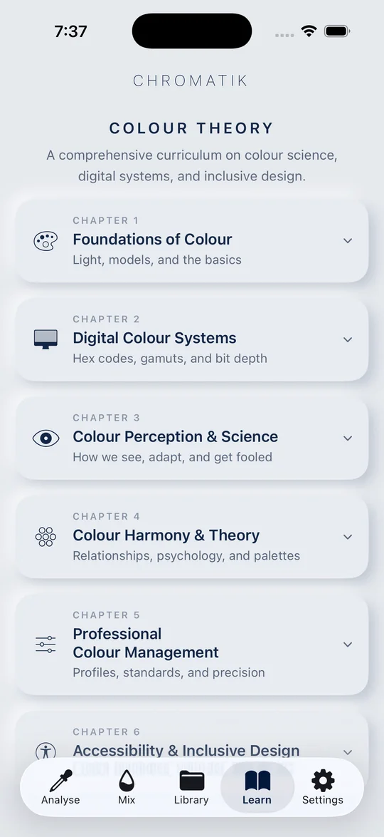 Chromatry six-chapter colour curriculum covering light, digital colour systems, perception, harmony, professional colour management, and accessibility