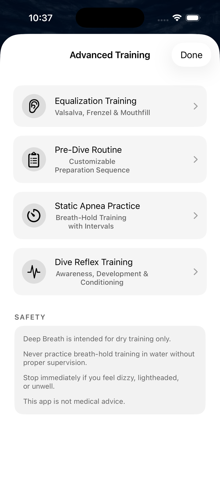 Deep Breath advanced training: equalization, pre-dive routine, static apnea, dive reflex