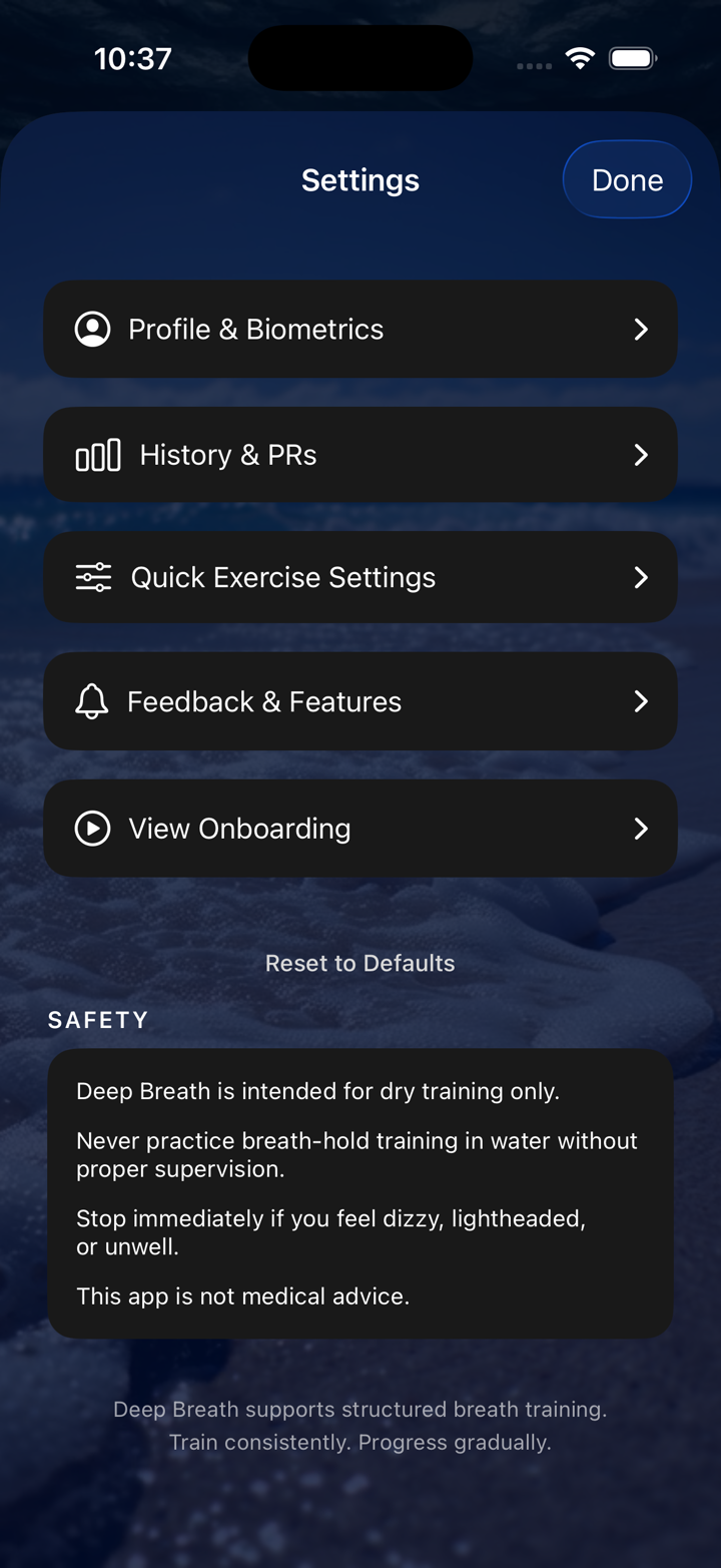 Deep Breath settings: profile, biometrics, history and PRs